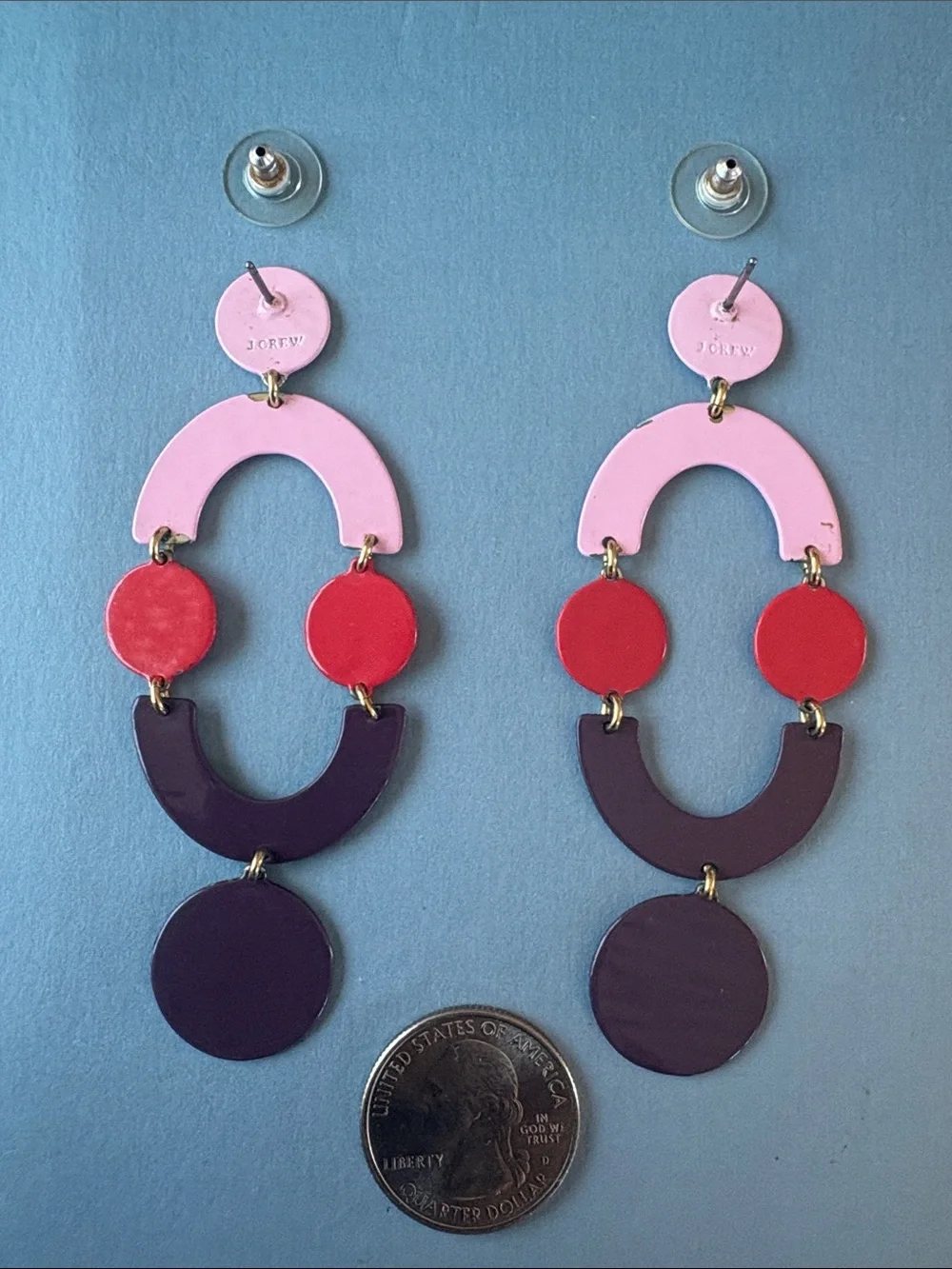 J. Crew Pink, Red & Purple Layered Geometric Drop Earrings